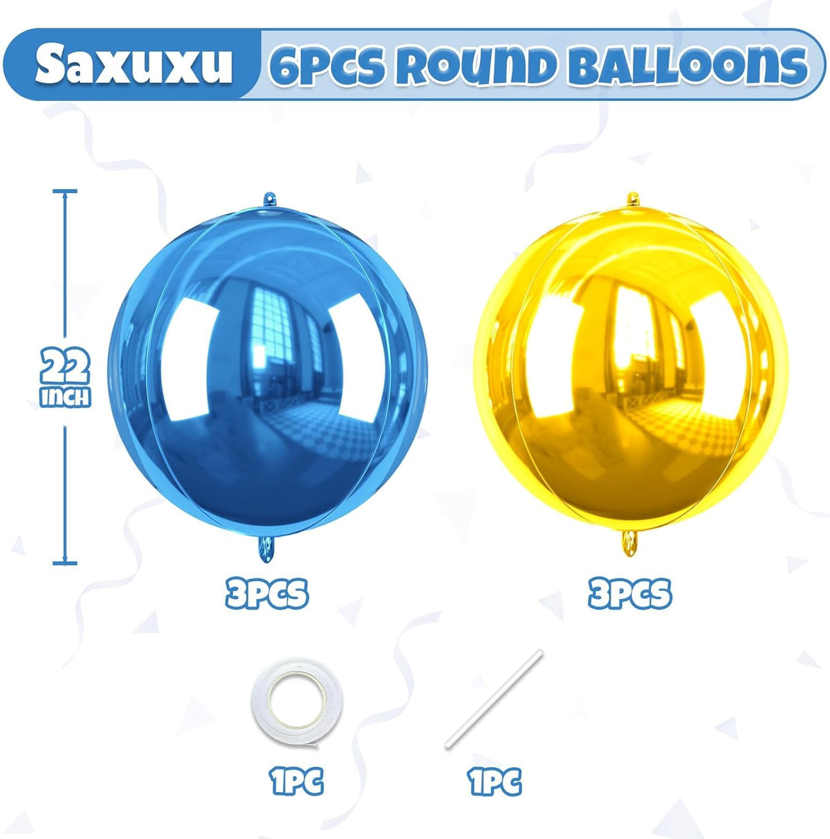 Blue Gold Giant 4D Foil Balloons, 6 Pcs Large Metallic Blue and Gold Round Balloons, 22 Inch Big