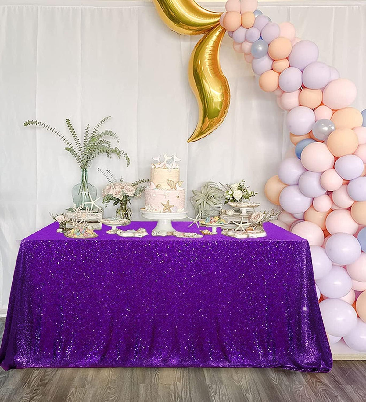 QueenDream Tablecloth 90x156 Rectangle Sequin Tablecloth Purple Wedding Table Linens Glitter