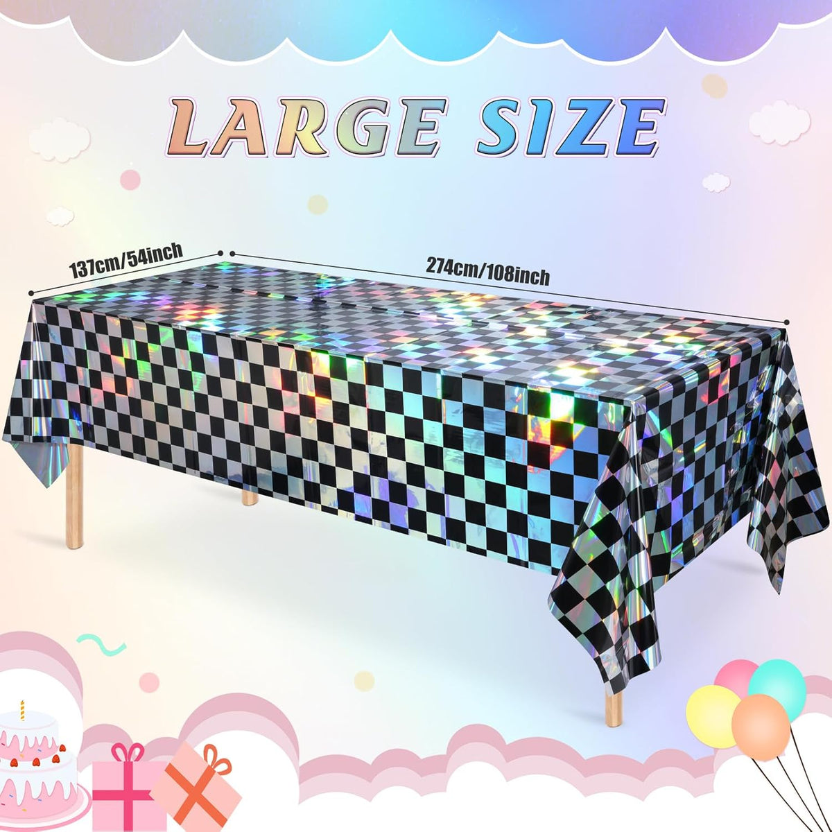 1Pack Black and Iridescent Checkered Plastic Tablecloth, Shiny Disposable Laser Rectangle Table