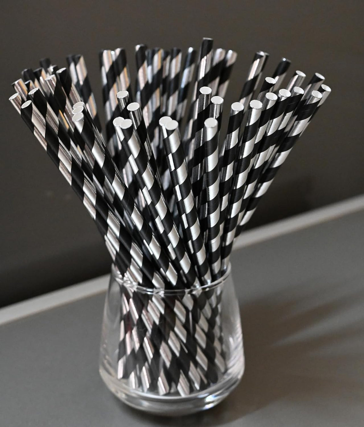 Disposable Paper Straws - Black Silver Striped Drinking Straws for Bar, Wedding, Brithday, Party