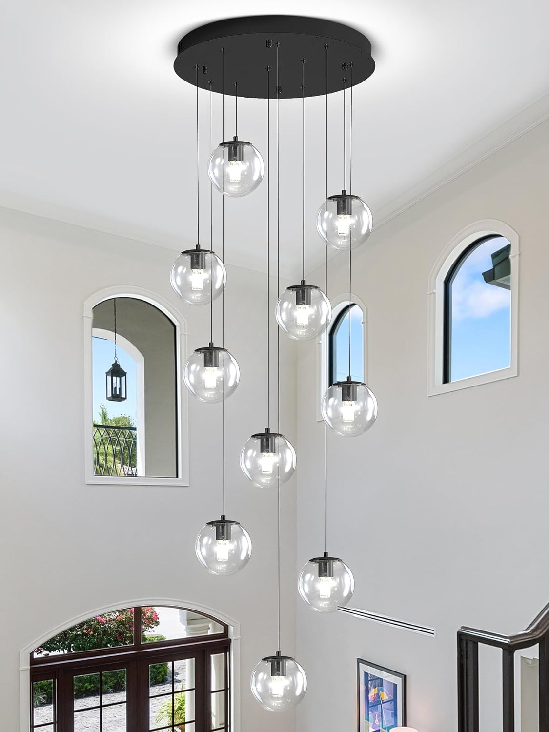 Modern Globe Chandelier H118 Staircase Chandelier for Entryway 12-Lights Glass Globe Pendant Light