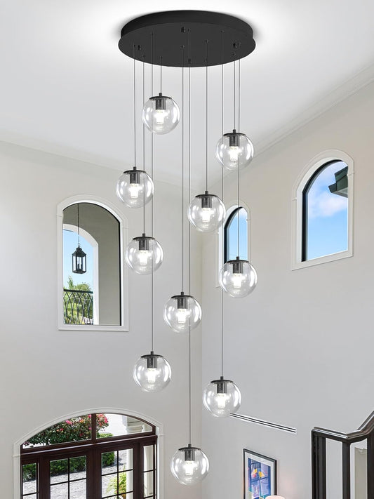 Modern Globe Chandelier H118 Staircase Chandelier for Entryway 12-Lights Glass Globe Pendant Light
