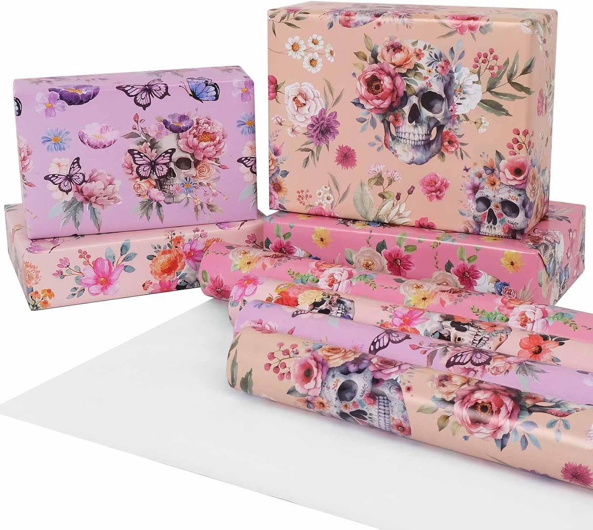 Aimyoo Gothic Wrapping Paper Rolls, 17 Inch X 10 Feet - 4 Rolls - Skull Floral Butterfly Design