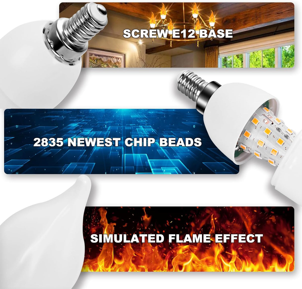 E12 LED Flickering Candelabra Flame Effect Light Bulbs - Upgrade Flicker Candelabra Torch Fire