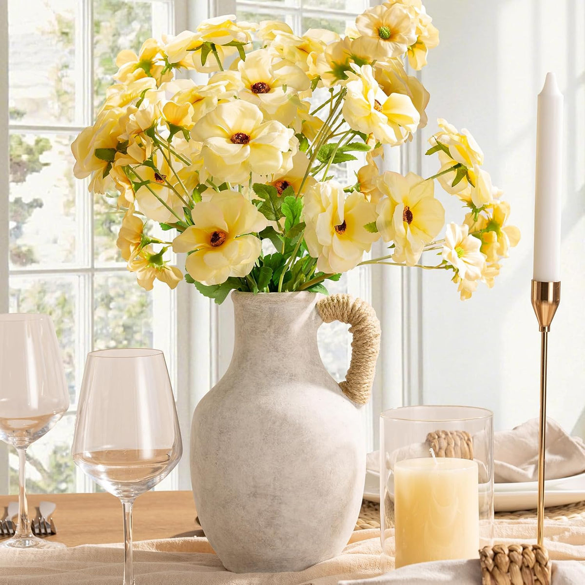 Ceramic Flower Vase Home Decor - 10 Inch Large White Rustic Table Flowers Vases Living Room Bedroom