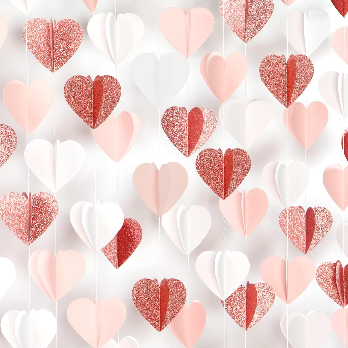 Rose-Gold Pink White 3D-Heart Garland - 39Ft Party Decorations Hanging Paper Streamers