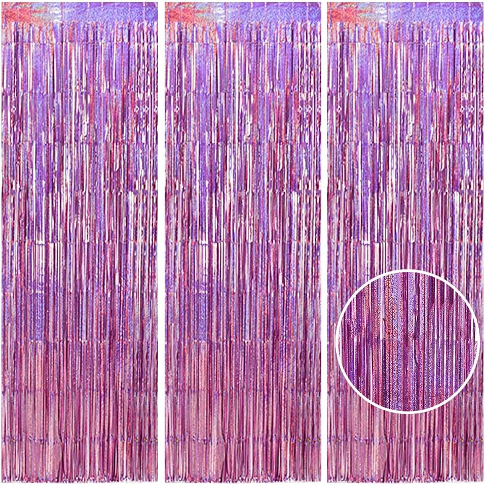 TONIFUL 3Pcs Laser Light Pink Door Streamers,Laser Pink Photo Booth Backdrop Metallic Streamers