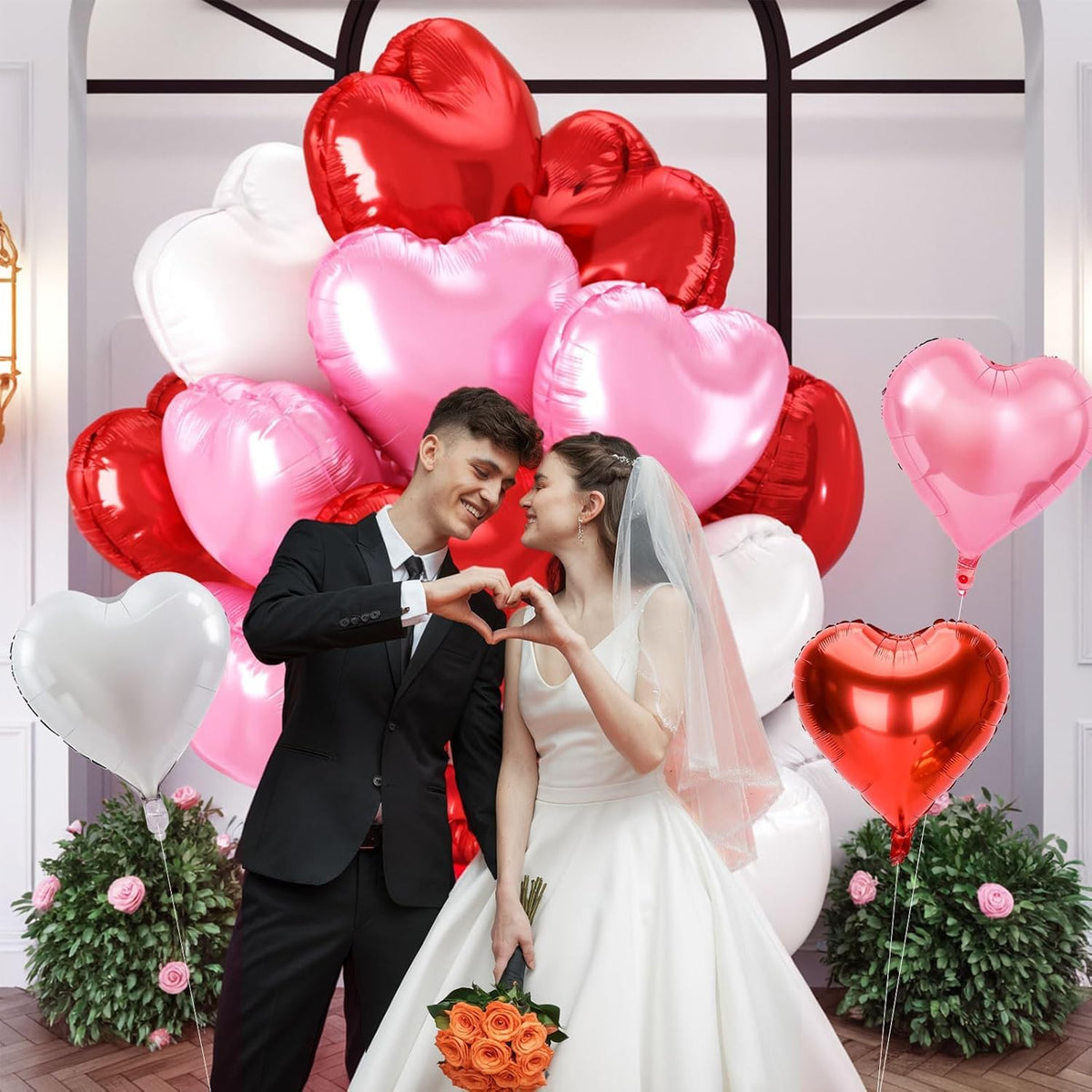 12 Pcs Heart Balloons - 18 inch Red Pink Heart Shaped Foil Helium Balloons for Wedding, Baby