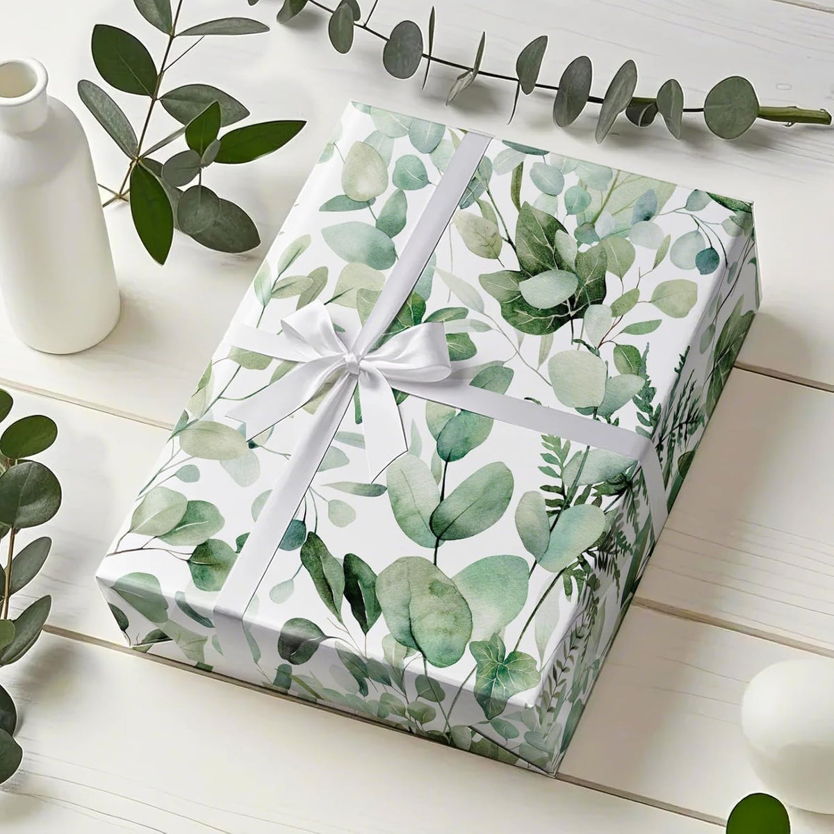 WRAPAHOLIC Eucalyptus Leaves Wrapping Paper Roll - Mini Roll - 17 Inch x 33 Feet - Greenery