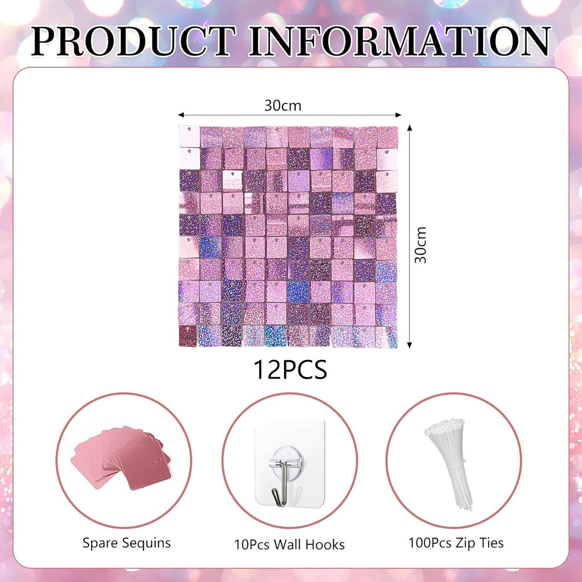 12PCS Light Pink Shimmer Wall Backdrop, Laser Square Sequin Photo Backdrops Panel, Glitter Wall