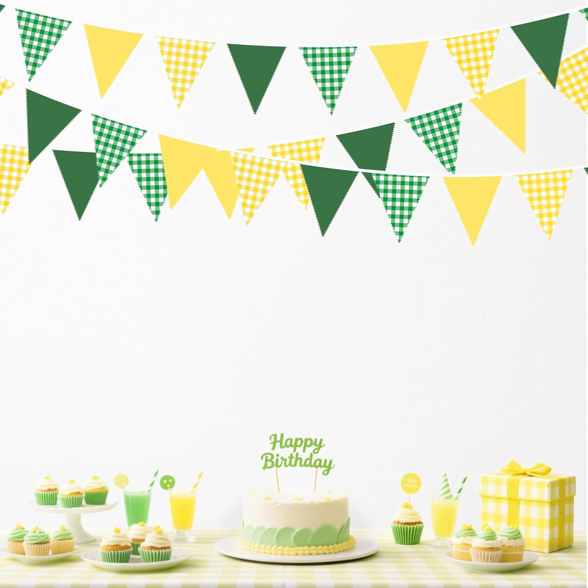 32Ft Yellow Green Party Decorations Green Yellow Gingham Banner Buffalo Plaid Checkered Triangle