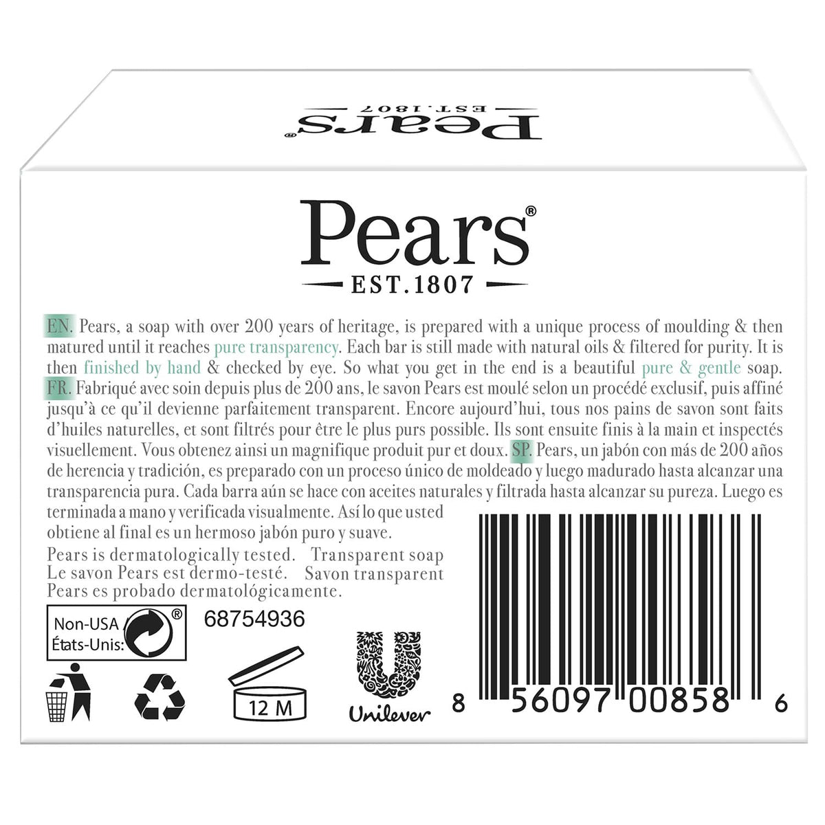 Pears Soap, Pure & Gentle with Lemon Flower Extracts, 5-Pack – Transparent Green Glycerin Soap for