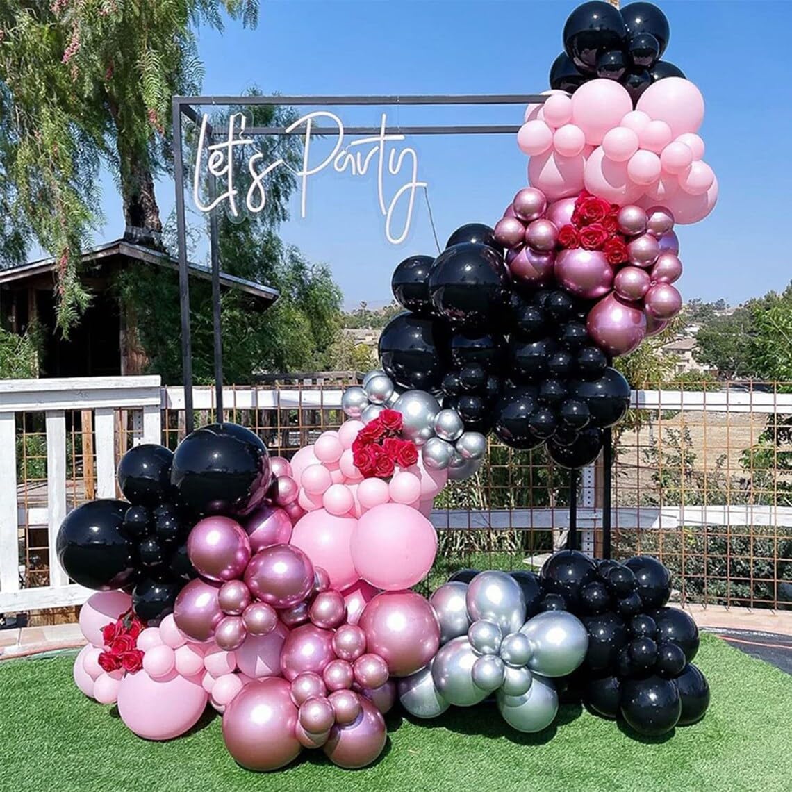 Pink and Black Balloons, 12 Inch Hot Pink Black Balloons Set with Black Pink Confetti Balloons