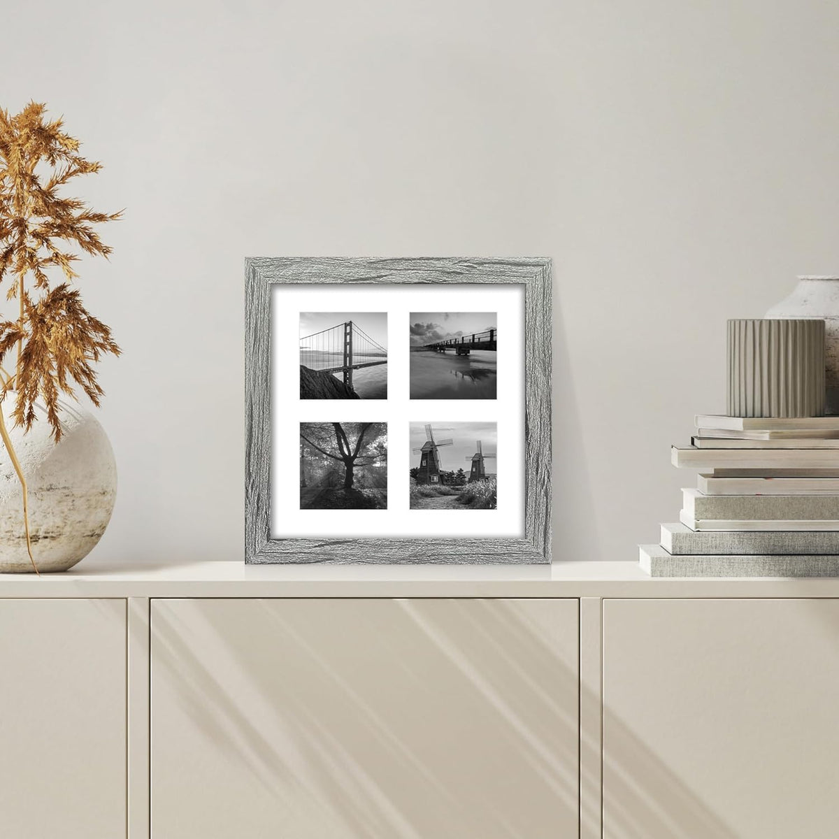 10x10 Picture Frame Set of 2, Real Glass and Grey Collage Frame, Display Pictures Four Opening 4x4