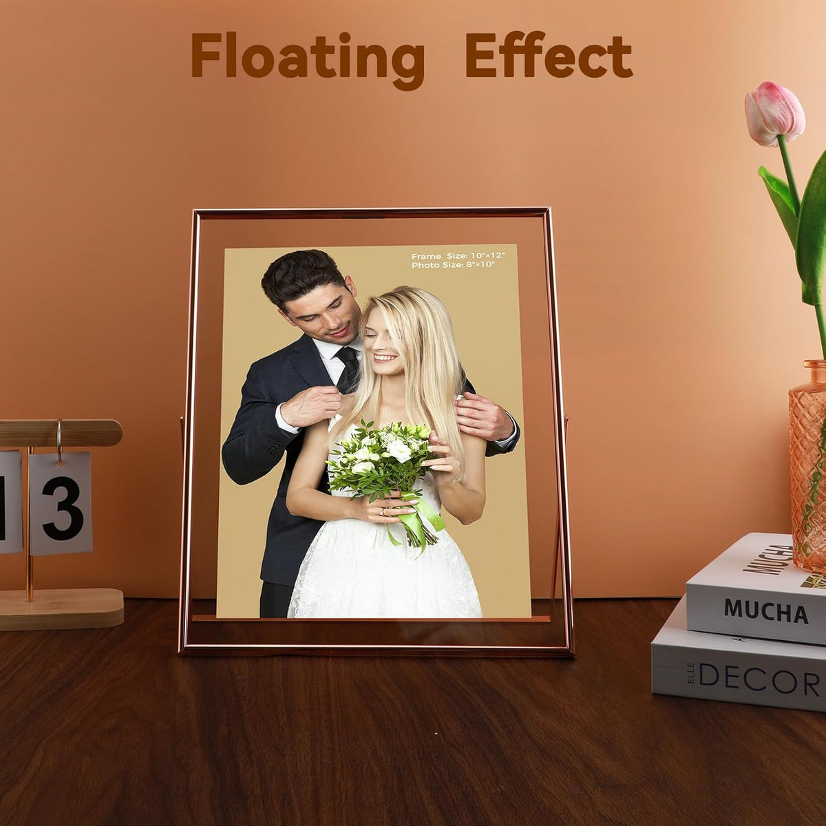 Rose Gold Floating Frame, 10"x12", Vertical, For Picture 9x11, 8.5x11, 8x10, Tabletop Shelf Photo
