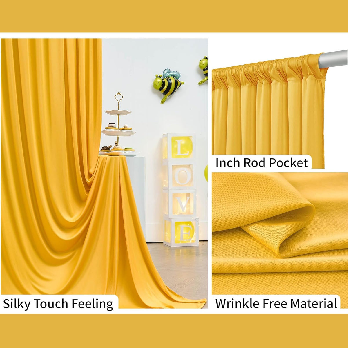 40 ft x 10 ft Wrinkle Free Yellow Backdrop Curtain for Parties, Ginger Polyester Photo Backdrop