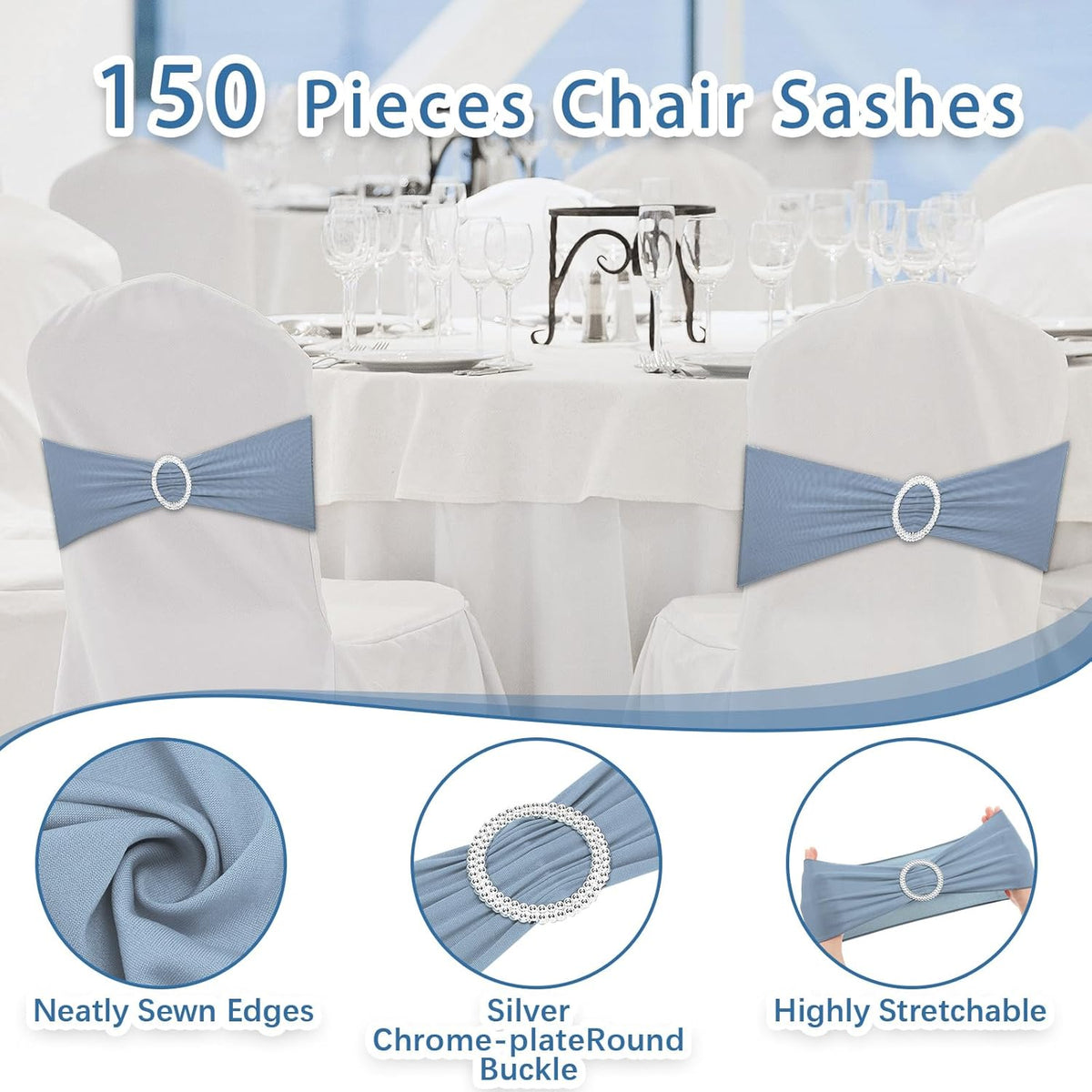 CHENGU 150 Pieces Spandex Stretch Chair Sashes Bows Elastic Chair Cover Bands Ties with Buckle
