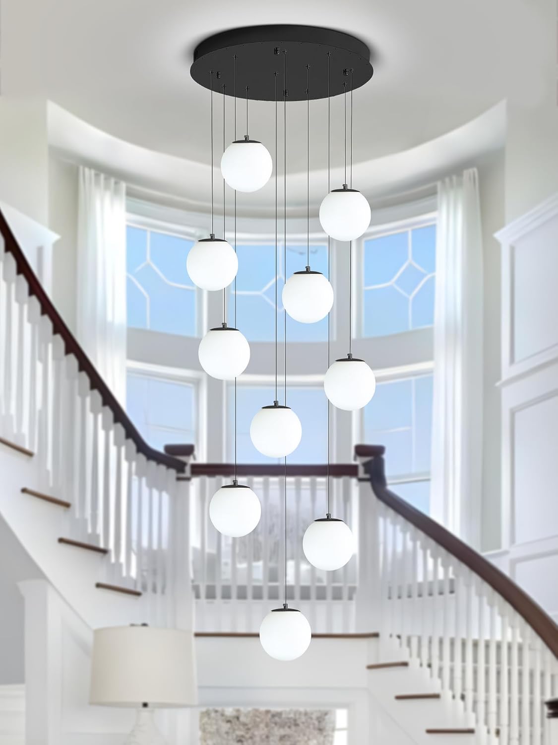 H118 Large Chandeliers for High Ceilings,12-Lights Mid Century Globe Chandelier Black Modern Globe