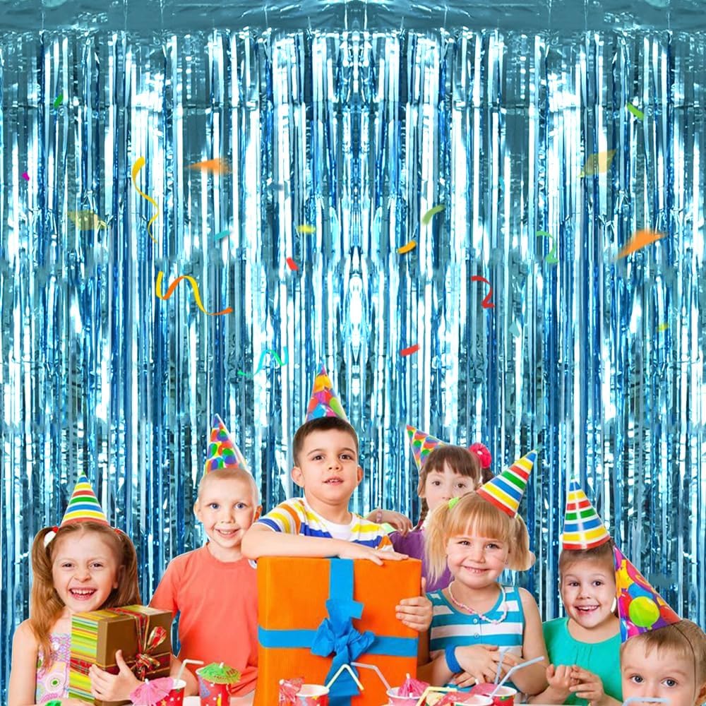 BEISHIDA 2 Pcs Light Blue Door Streamers Tinsel Curtain Party Backdrop Fringe Foil Wall Background