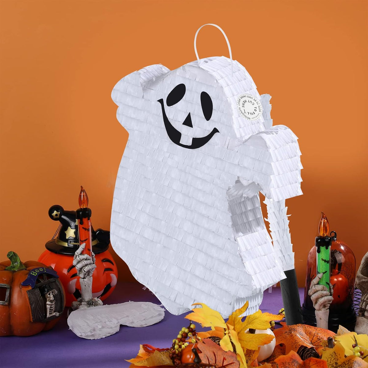Aoriher Halloween Ghost Piñata Spooky White Ghost Piñata with Stick and Blindfold Halloween Hanging