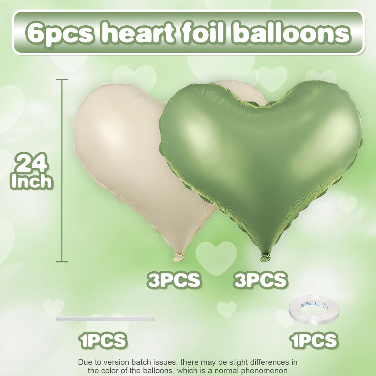 Green Cream White Heart Balloons,24Inch Heart Foil Balloons for Valentine's Day Birthday Wedding
