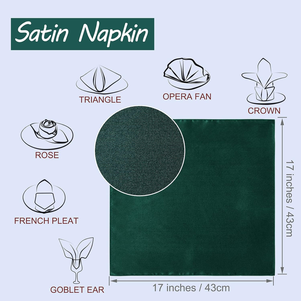 Horbaunal 16 Pack Forest Green Satin Napkins 17 x 17 Inch, Square Soft Table Dinner Napkins, Silky