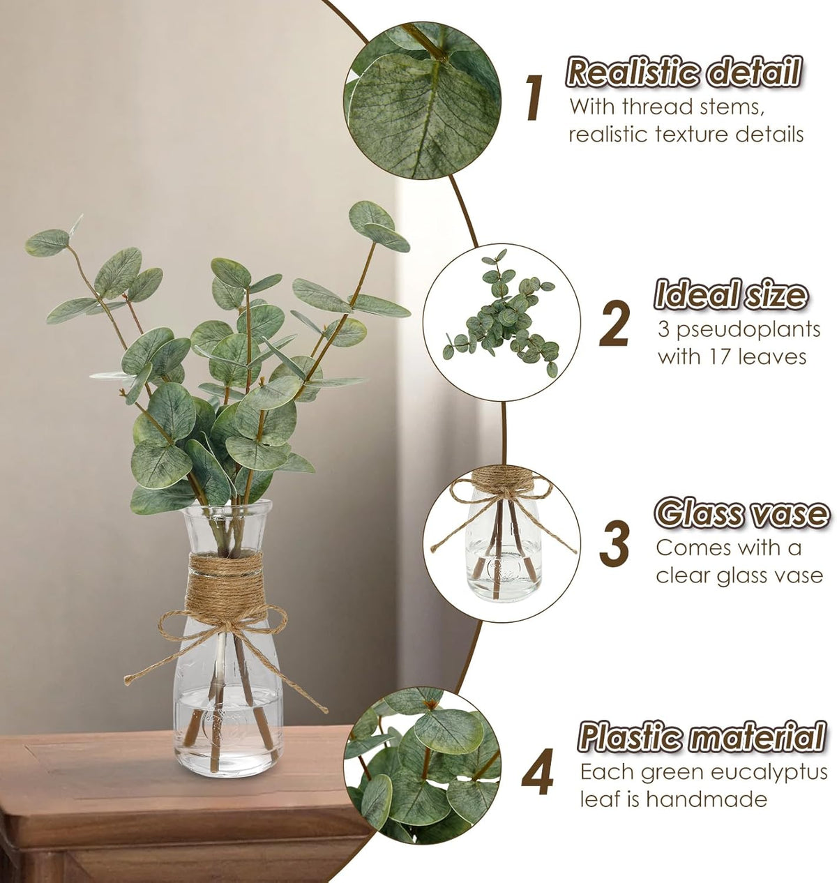 Artificial Eucalyptus Stems in Glass Vase Decorative Greenery Artificial Plant with Double Sided