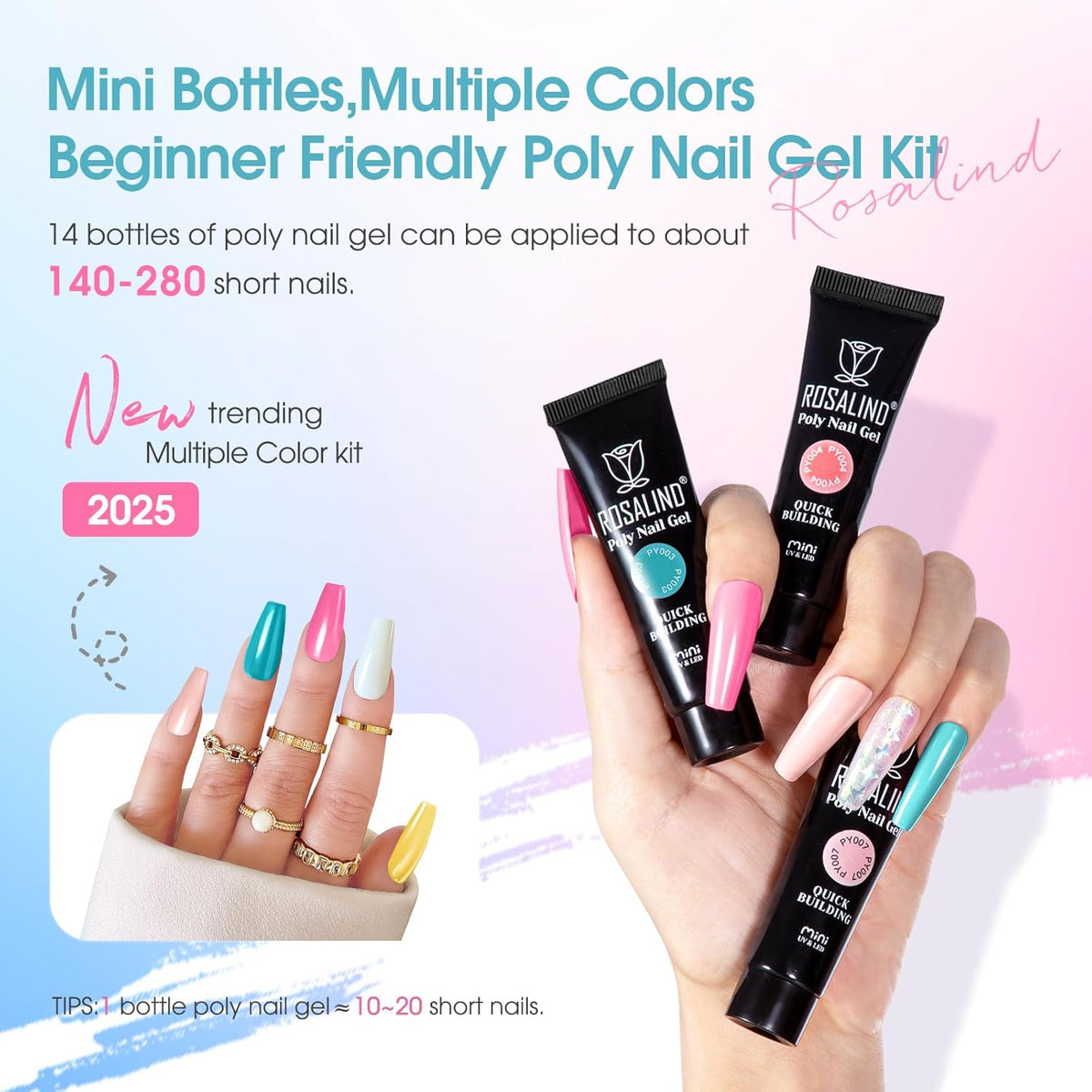 Poly Nail Gel Starter Kit -14 Colors + 75 Nail Art Accessories Kit, ROSALIND Neon Poly Extension