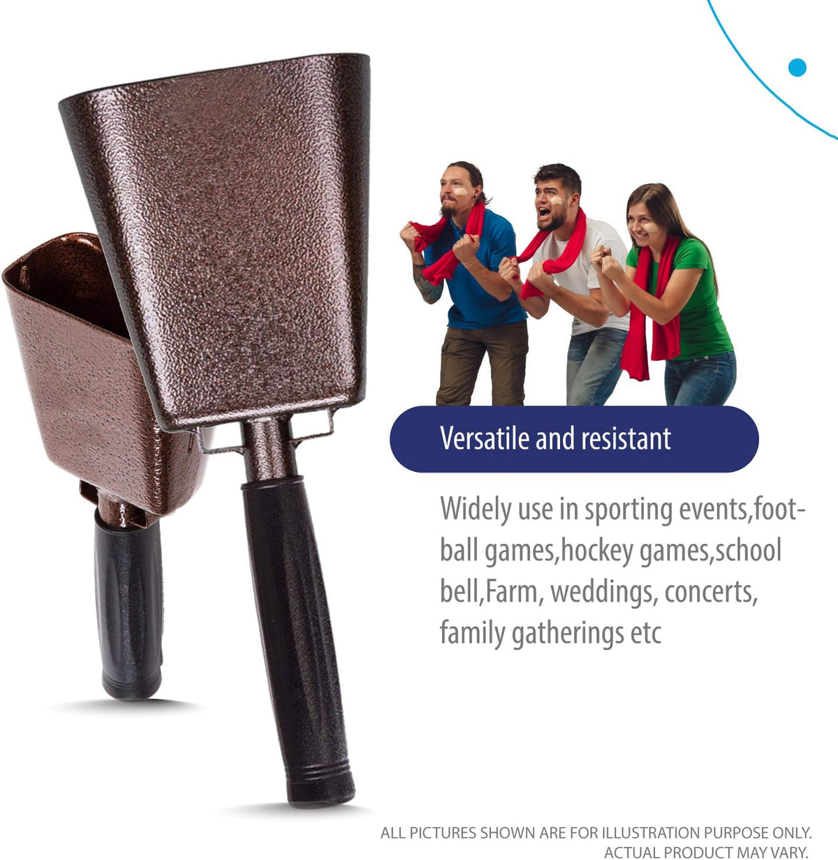 Deke Home - 2 Pack 7 Inch Steel Cowbells with Handle, Loud Noise Makers for Football, Sports