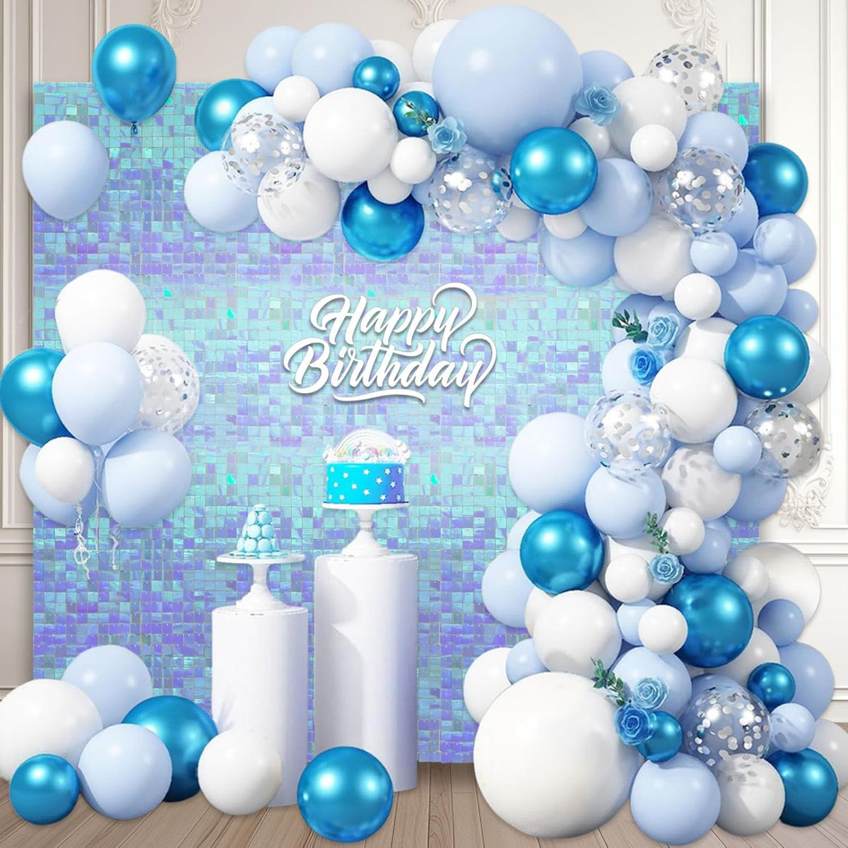 12PCS Colorful Ice Blue Shimmer Wall Backdrop, Square Sequin Photo Backdrops Panel, Glitter Wall