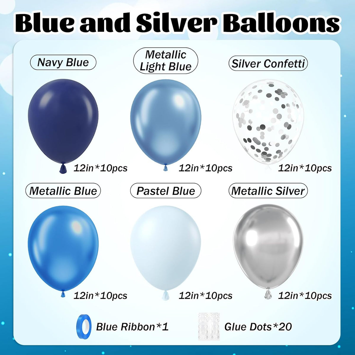 60pcs Blue and Silver Balloons 12inch with Navy Blue Pastel Blue Silver Confetti Balloons for