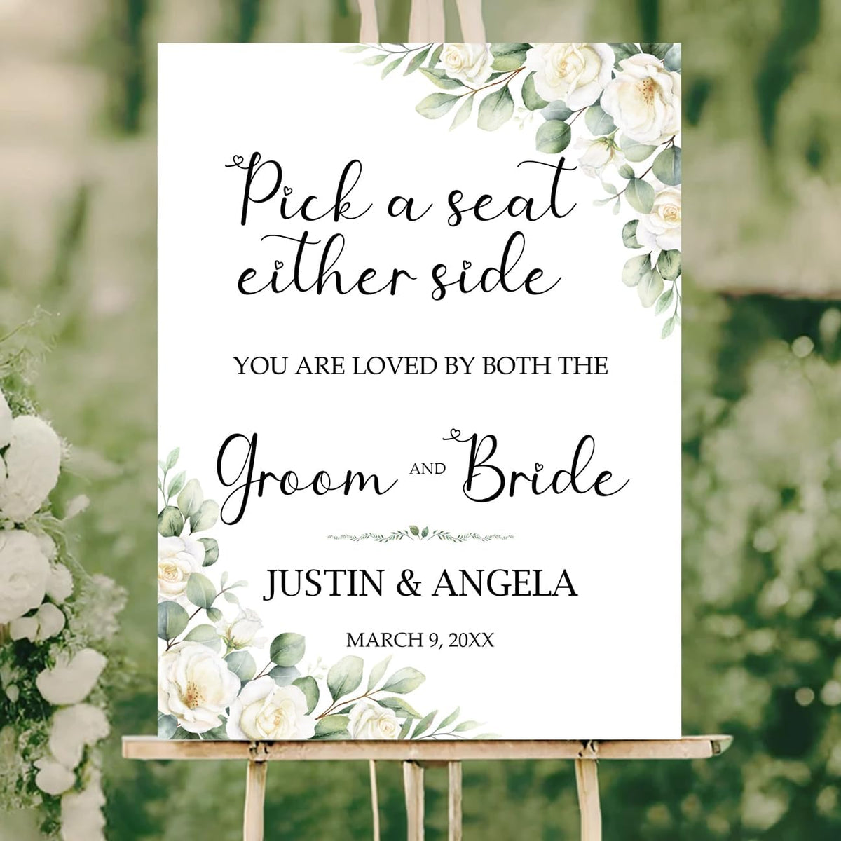 Pick a Seat Either Side Wedding Yard Sign – Custom Floral White Green Ceremony Sign – Acrylic or