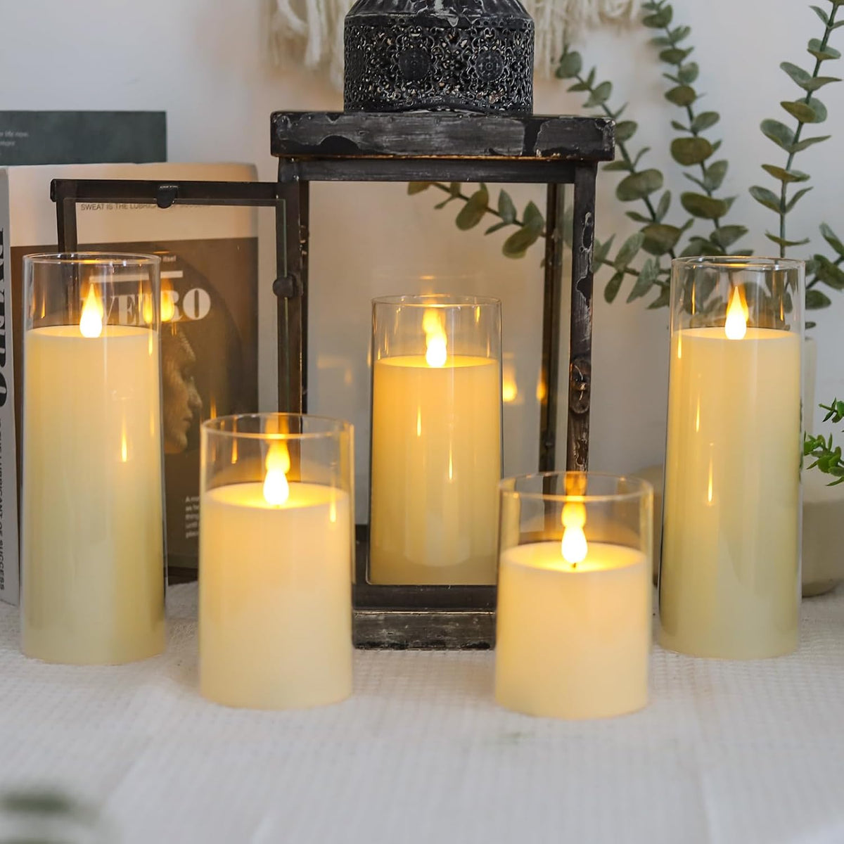 Fo32won Ivory White LED Flameless Pillar Candles Battery Operated with Remote and Timer, Pack of 5