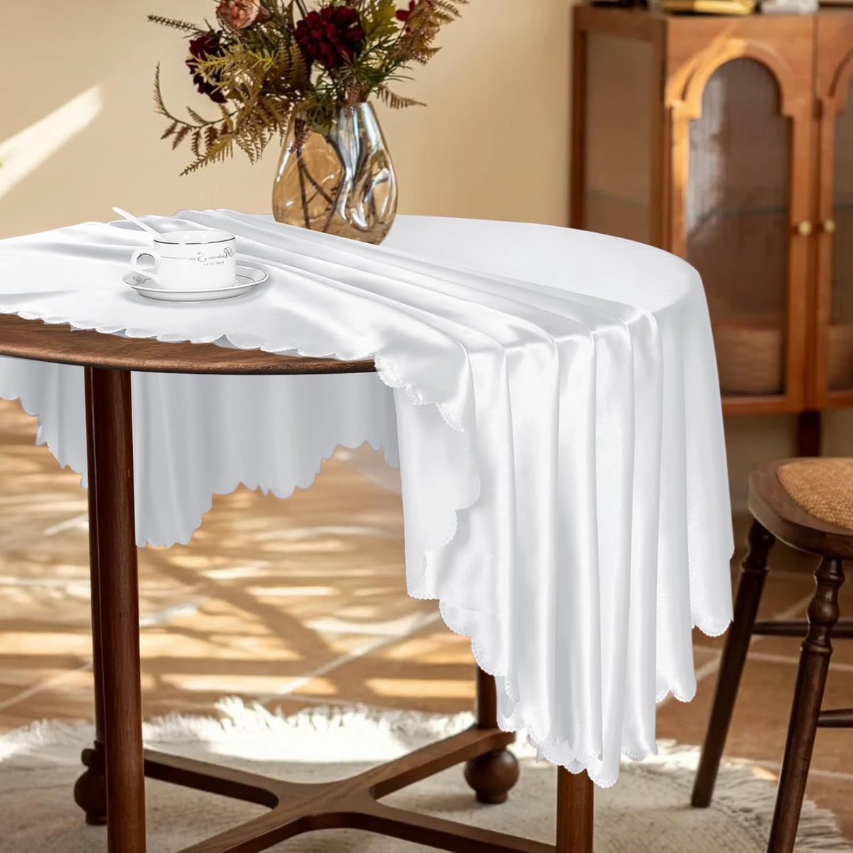 KKJIAF 1 Pack 60 Inch / 5ft Round Table Cloth, White Overlay Round Satin Table Cover, Silky Satin