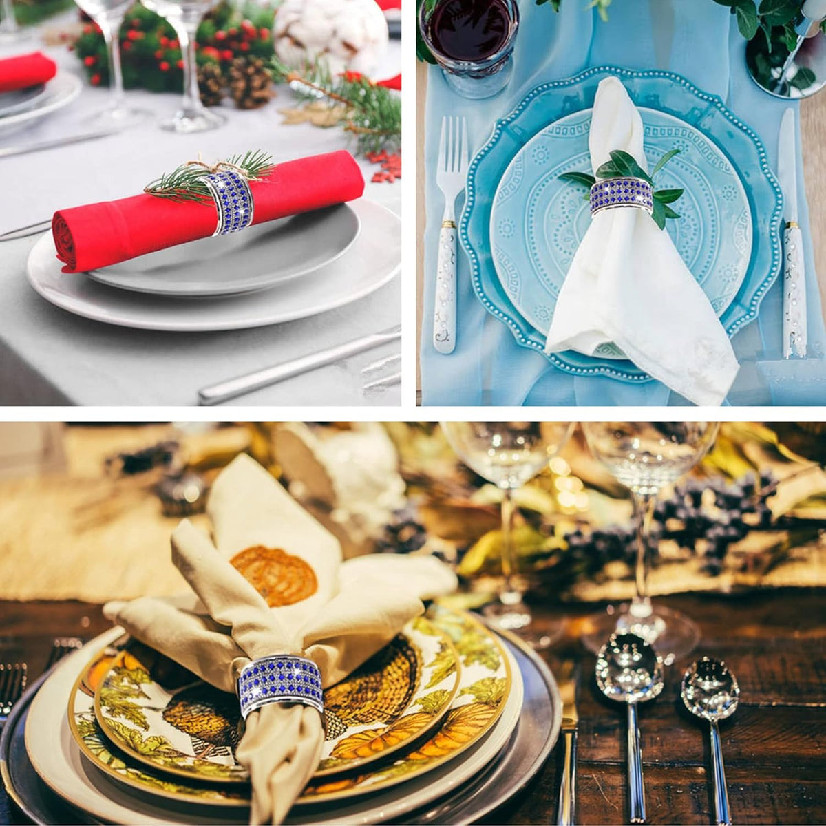 Rhinestone Napkin Ring Diamond Napkin Rings Stainless Steel Blue Crystal Napkin Holder Set of 12