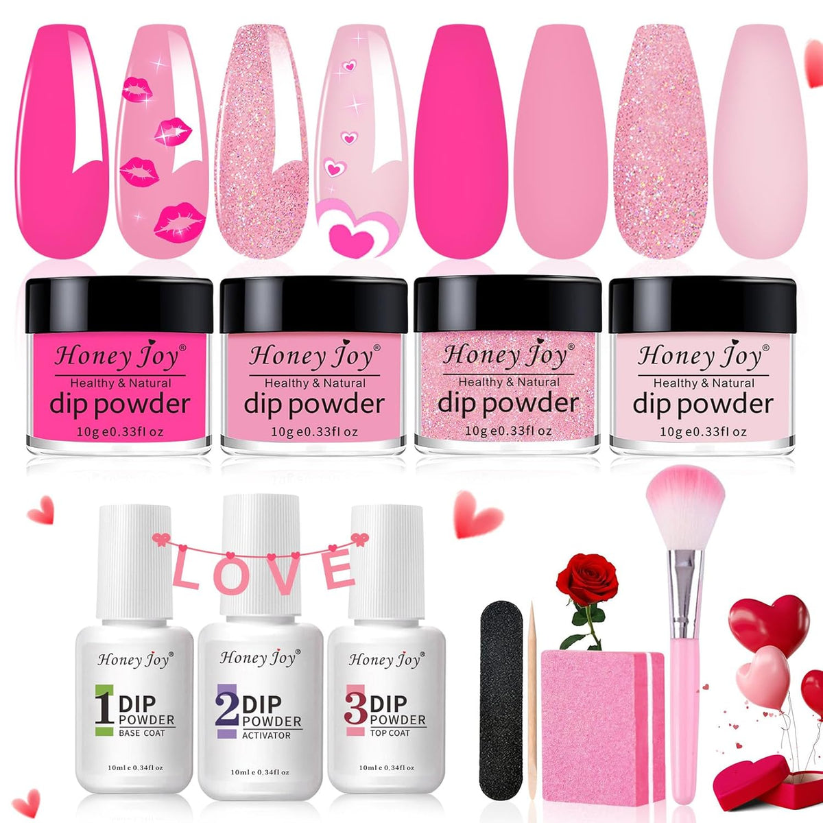 Honey Joy Dip Powder Nail Kit Starter, 4 Colors Hot Pink Glitter Fine Dipping Powder Liquid Set