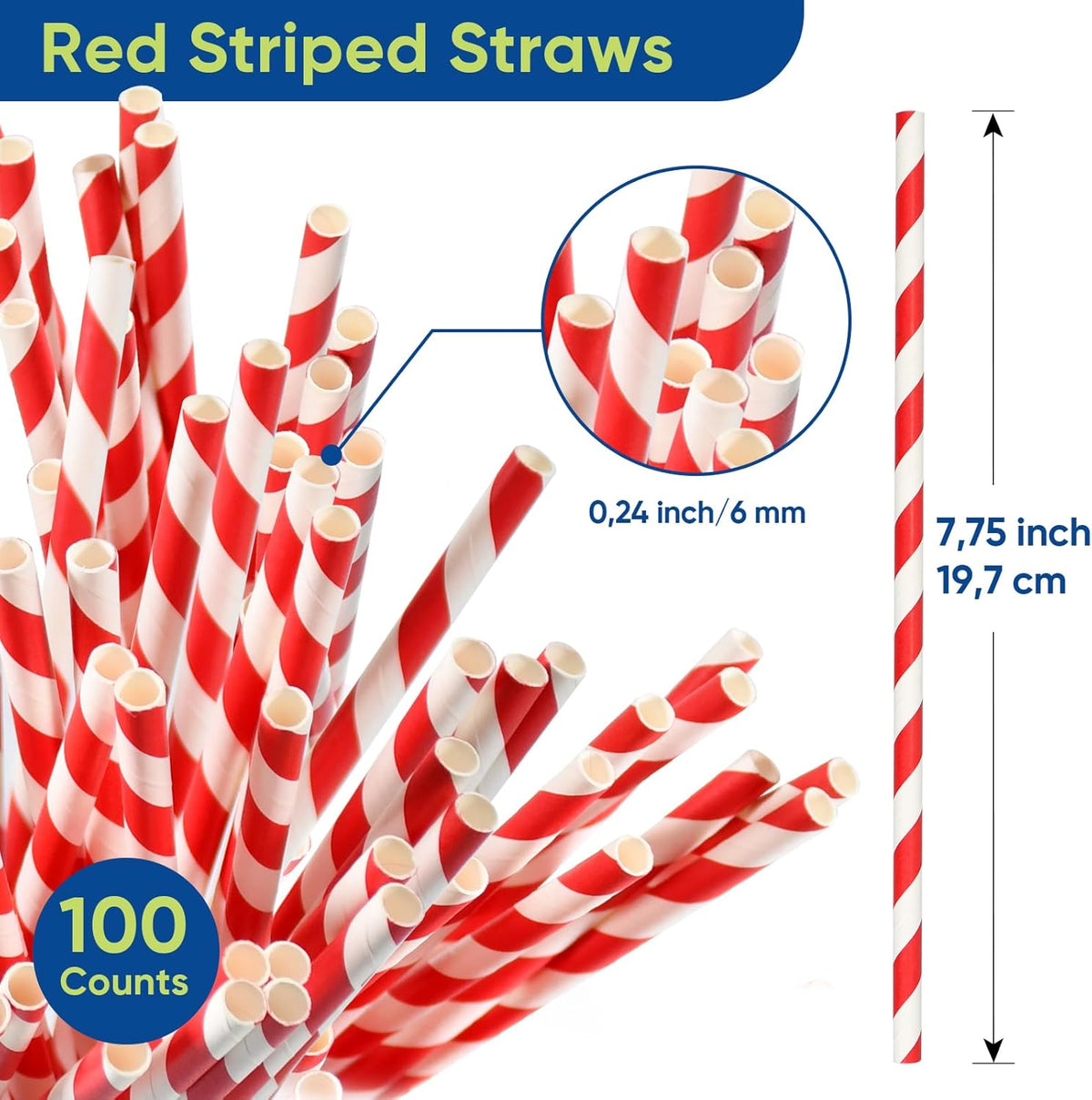 Disposable 7.75 inch Red White Striped Paper Straws Biodegradable 100 Counts - for Drinking