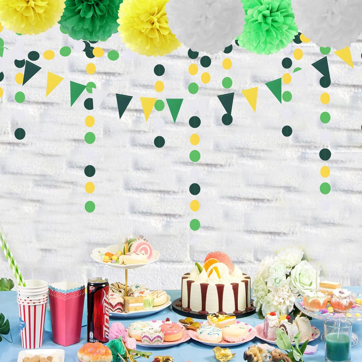 Yellow Green White Party-Decorations Garland - 52Ft Spring Summer Hanging Paper Streamers Banner