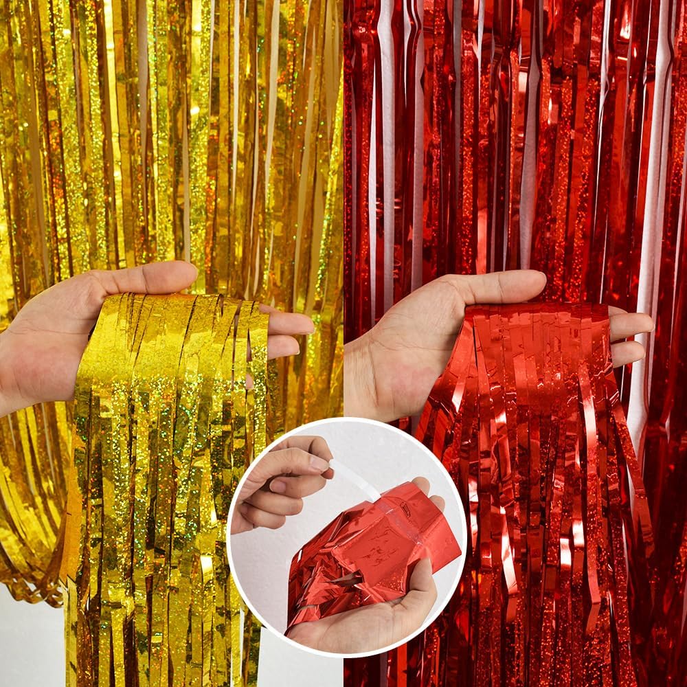 BEISHIDA 4 Pcs Red and Gold Party Streamers Fringe Foil Curtain Backdrop Tinsel Background Party