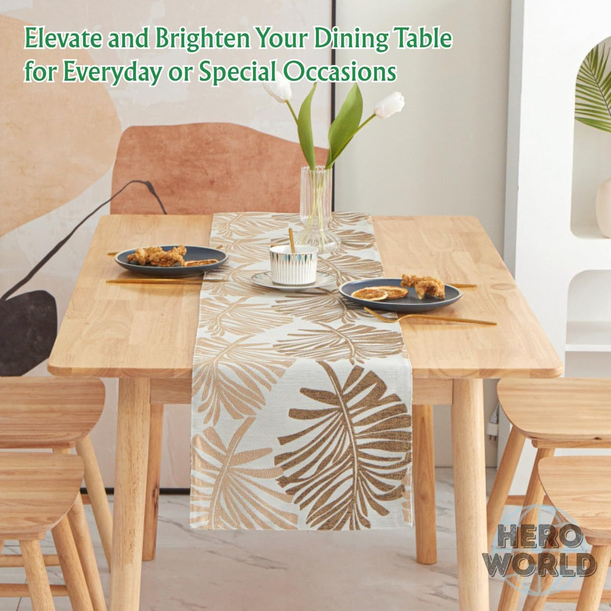 Monstera Leaf Table Runner – Elegant Fabric Table Centerpiece, Machine Washable, Gold or Green
