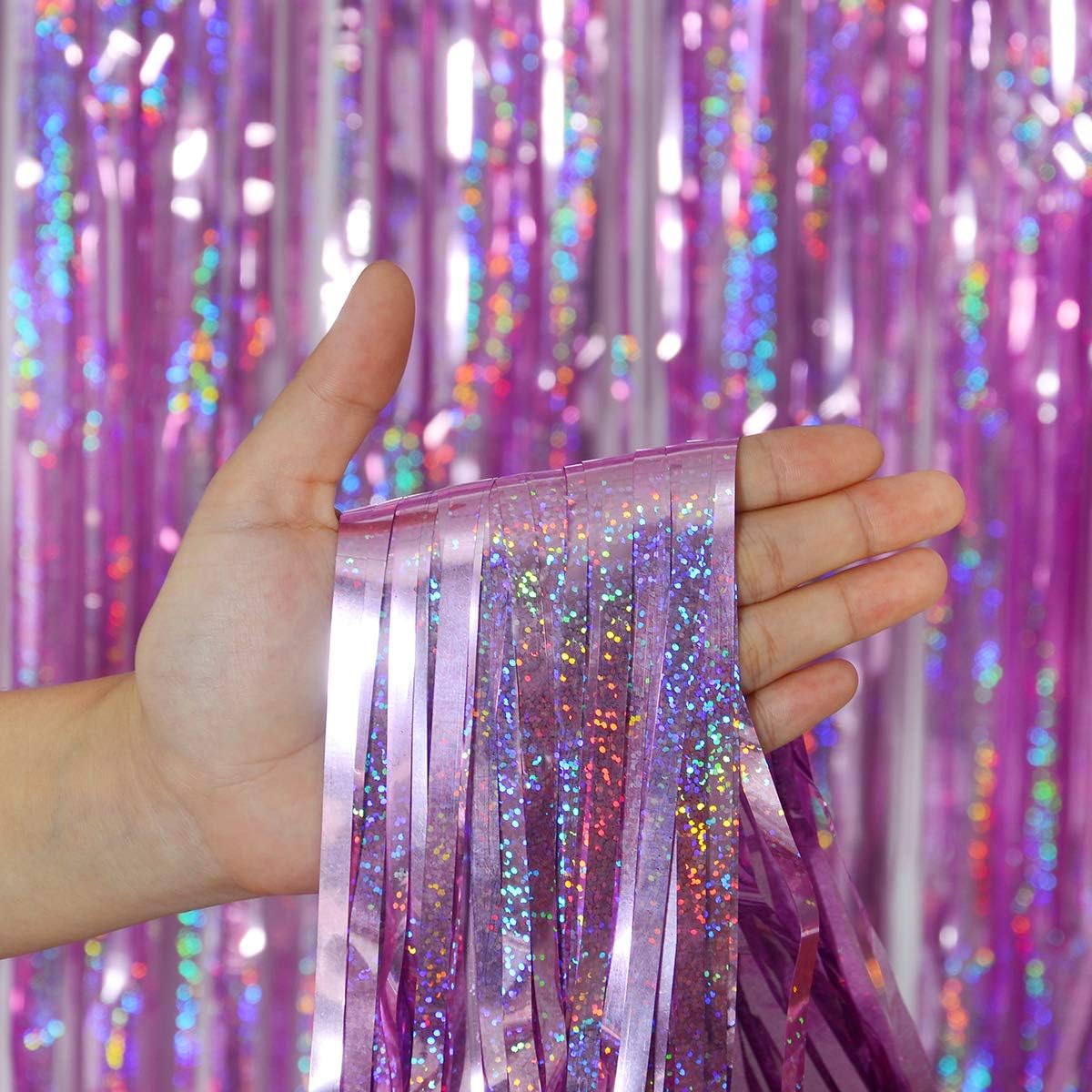 Melsan 3 Pack 3.2 x 8.2 ft Sparkling Pinkish Purple Tinsel Fringe Curtain Backdrop Glitter Decor