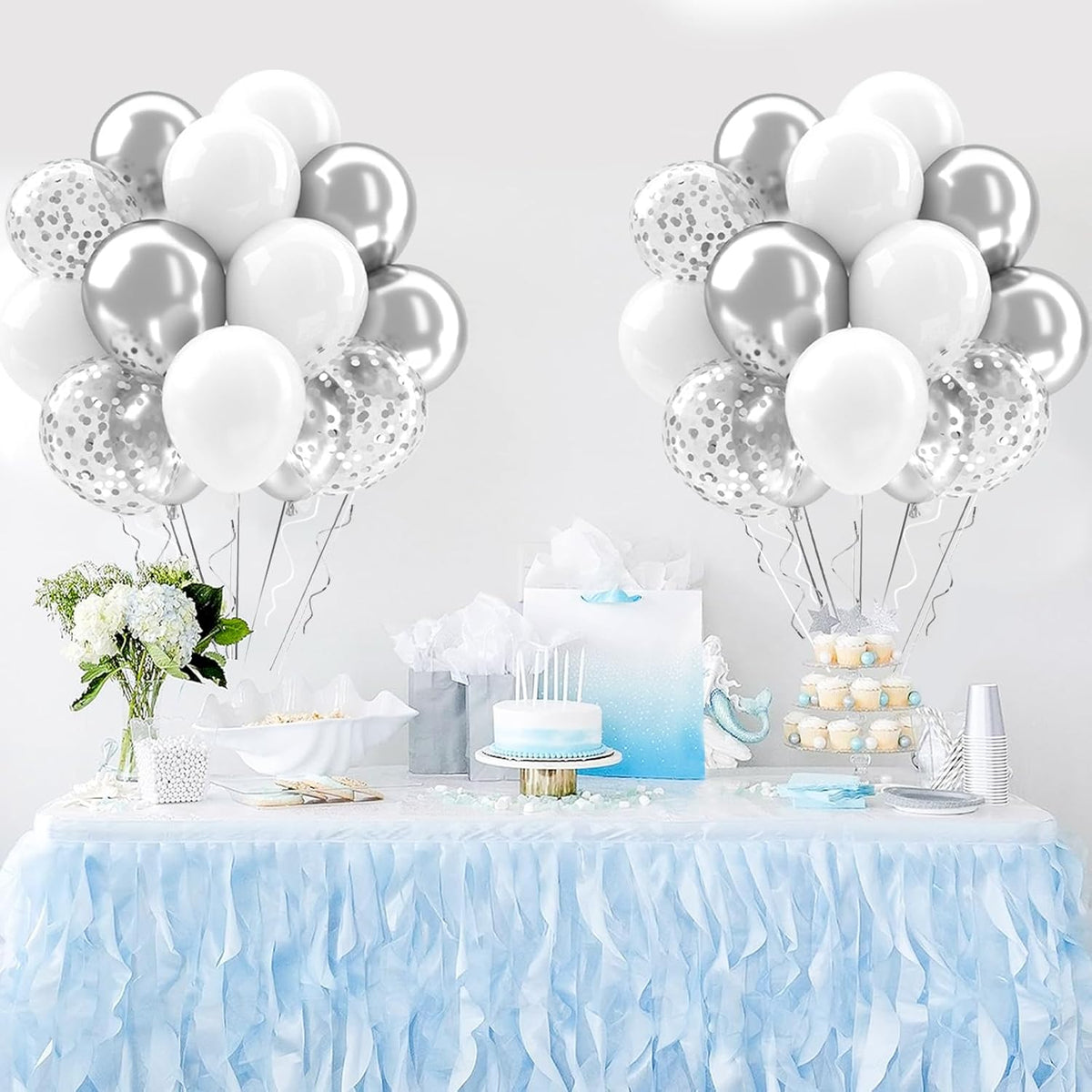 Patimate White and Silver Balloons Set, 50 pcs 12 inch Metallic Silver White Confetti Latex