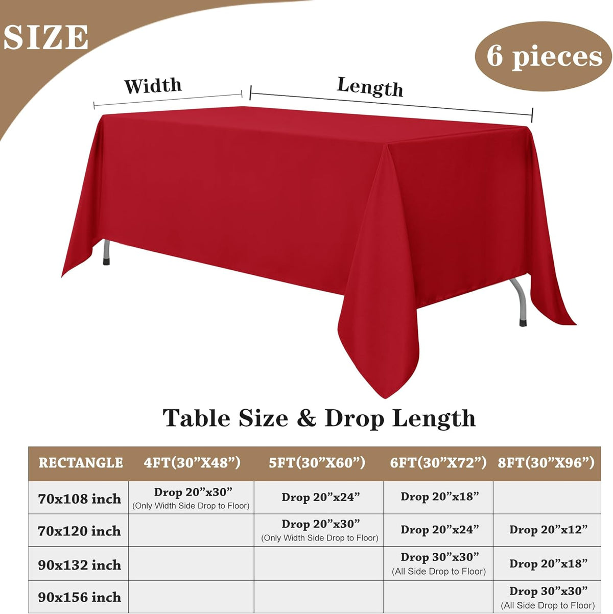Fitable Red Rectangle Table Clothes, 6 Pack - 90 x 156 Inch - Reusable and Washable Tablecloths