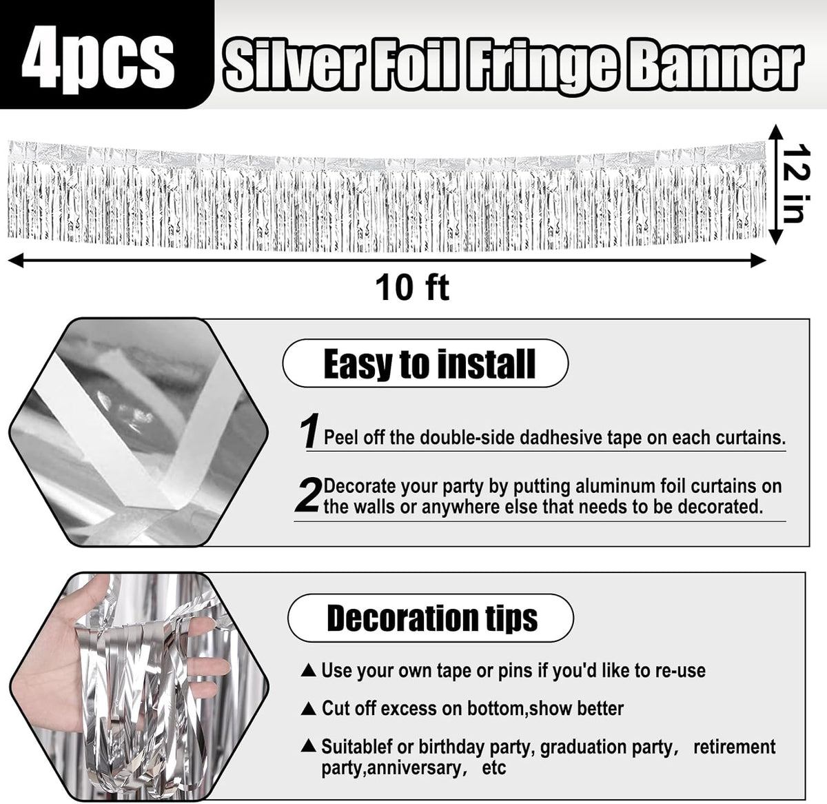4 Pack 10 Feet Silver Foil Fringe Garland Metallic Tinsel Streamers Banner Wall Hanging Curtain
