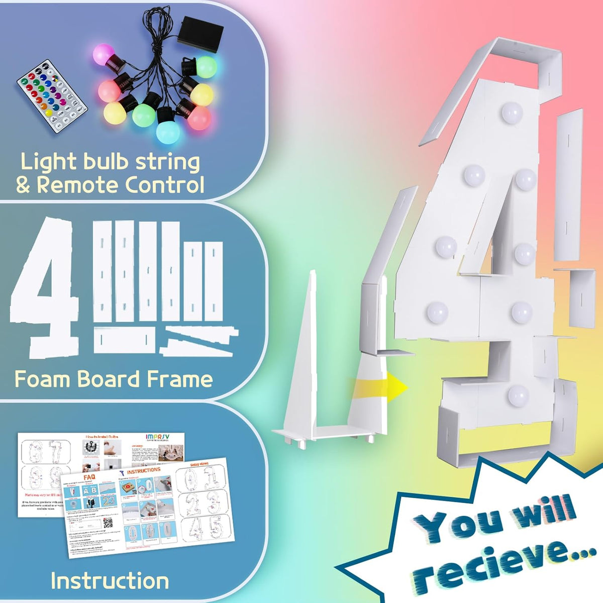 imprsv 3FT Colorful Marquee Numbers,18 Colors Number 4 with Remote, Light Up Numbers Sign for 24th