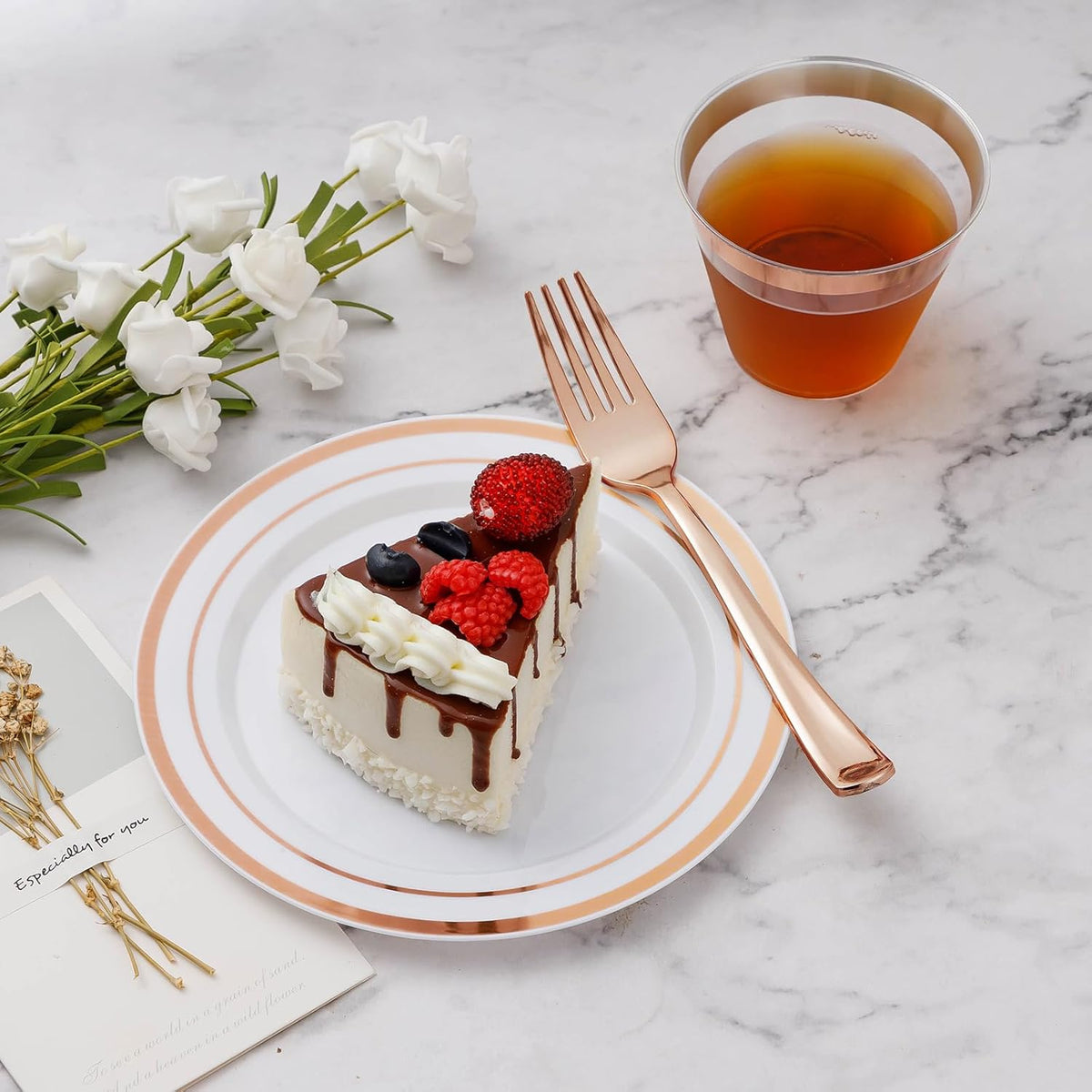 600PCS Rose Gold Plastic Plate Set (100 Guests), Plastic Plates for Party Wedding Birthday