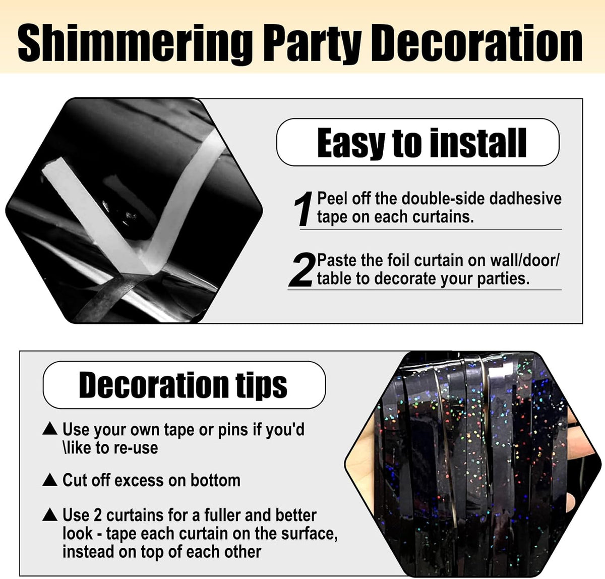 3 Pack Black Foil Fringe Curtain Backdrop, 3.28Ft x 8.2Ft Metallic Tinsel Foil Fringe Streamer