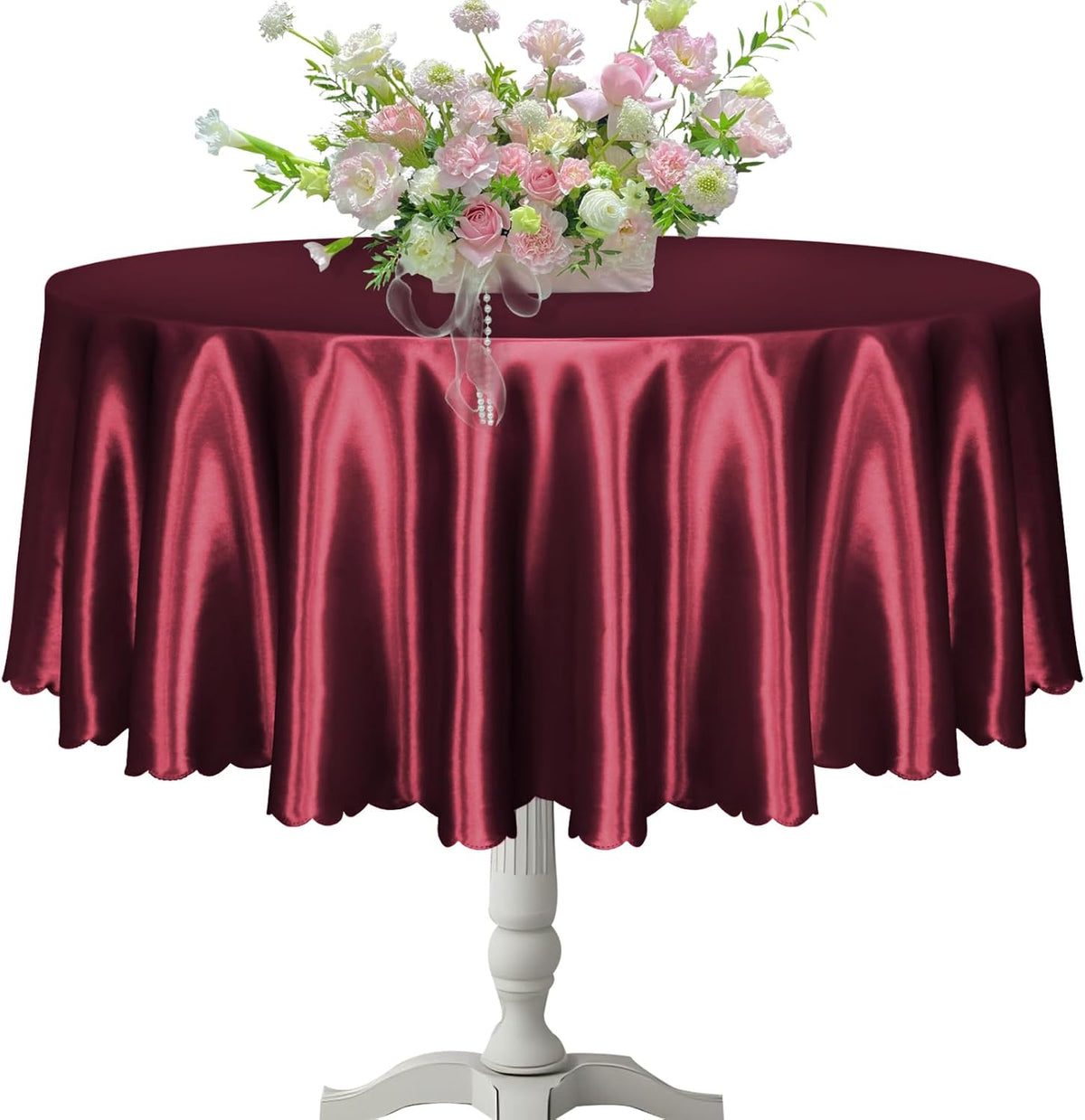 KKJIAF 1 Pack Round Table Cloths 90 Inch, Burgundy Overlay Round Satin Table Cover, Silky Satin
