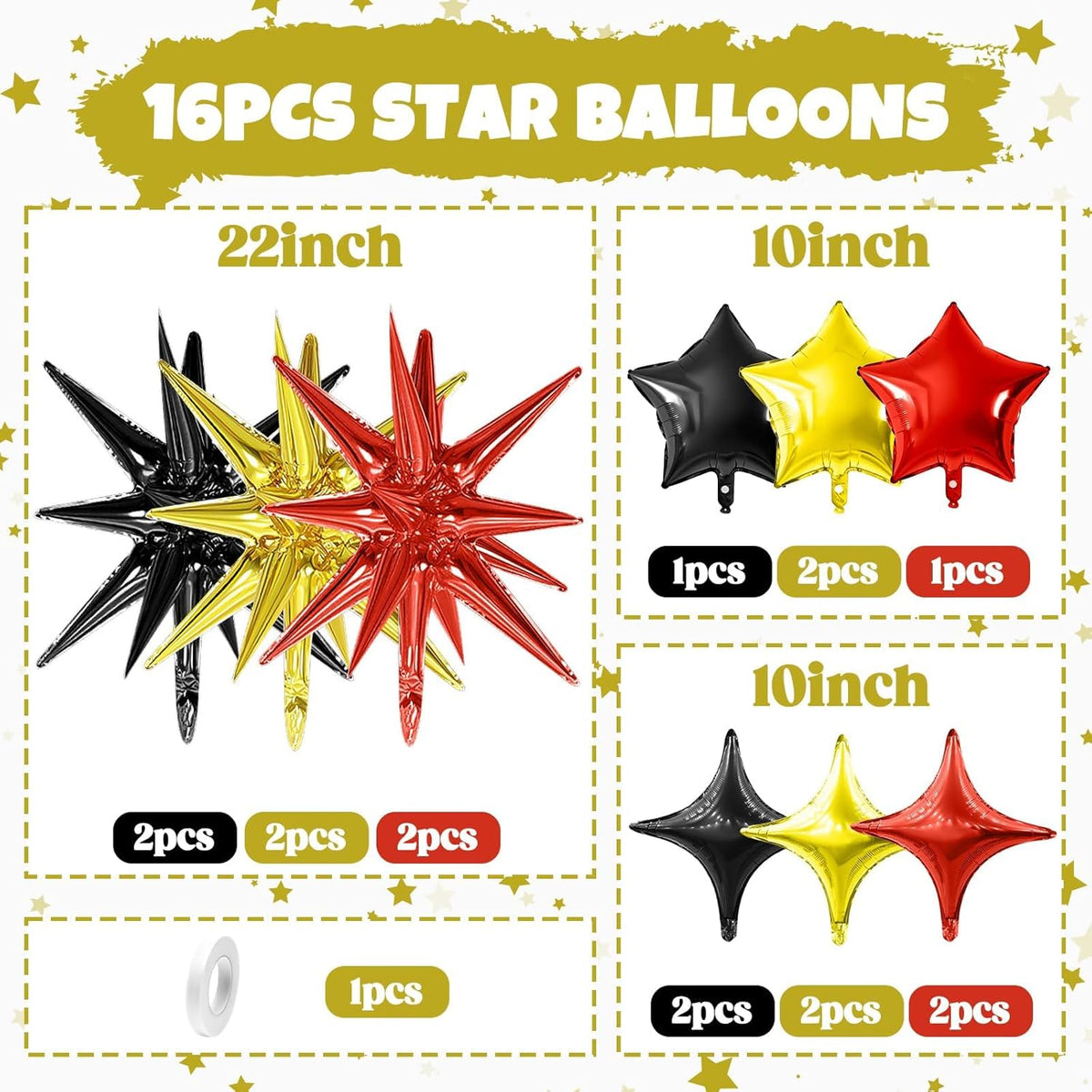 Black Gold Red Star Balloon,16Pcs Star Foil Balloons Set with 22Inch Explosion Spike Cone Balloons