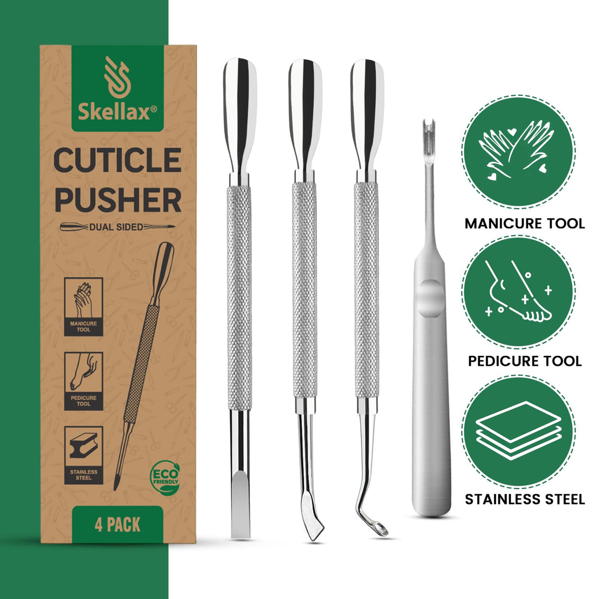 Cuticle Pusher Double Ended Sharp Edge Spoon Shaped Set, Salon Quality Stainless Steel Metal